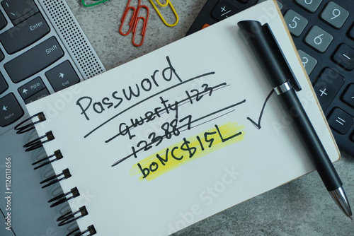Obraz na płótnie The concept of making up complex passwords written in a notepad.