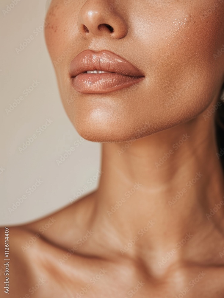 elegant mature older woman beauty closeup studio portrait - skincare beige and white aesthetic, diverse beauty