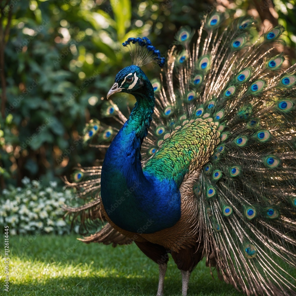 Fototapeta premium A peacock displaying its iridescent feathers in a lush garden.
