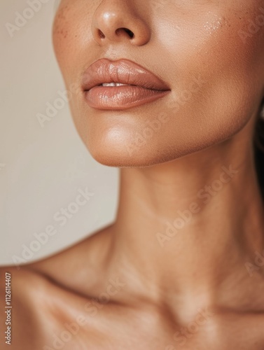 Obraz na płótnie elegant mature older woman beauty closeup studio portrait - skincare beige and white aesthetic, diverse beauty w salonie