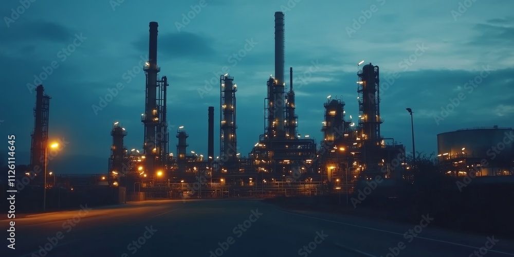 Oil refinery illuminated by the soft light of dawn, showcasing the impressive structure of the oil refinery as it stands near the road during the early morning hours, embodying the essence of an oil Oil refinery illuminated by the soft light of dawn, showcasing the impressive structure of the oil refinery as it stands near the road during the early morning hours, embodying the essence of an oil