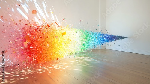 Dramatic explosion of rainbow colors originating from a crystal prism on a white wall photo