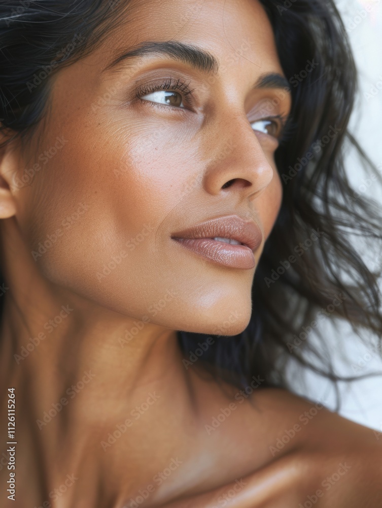 elegant mature older woman beauty closeup studio portrait - skincare beige and white aesthetic, diverse beauty