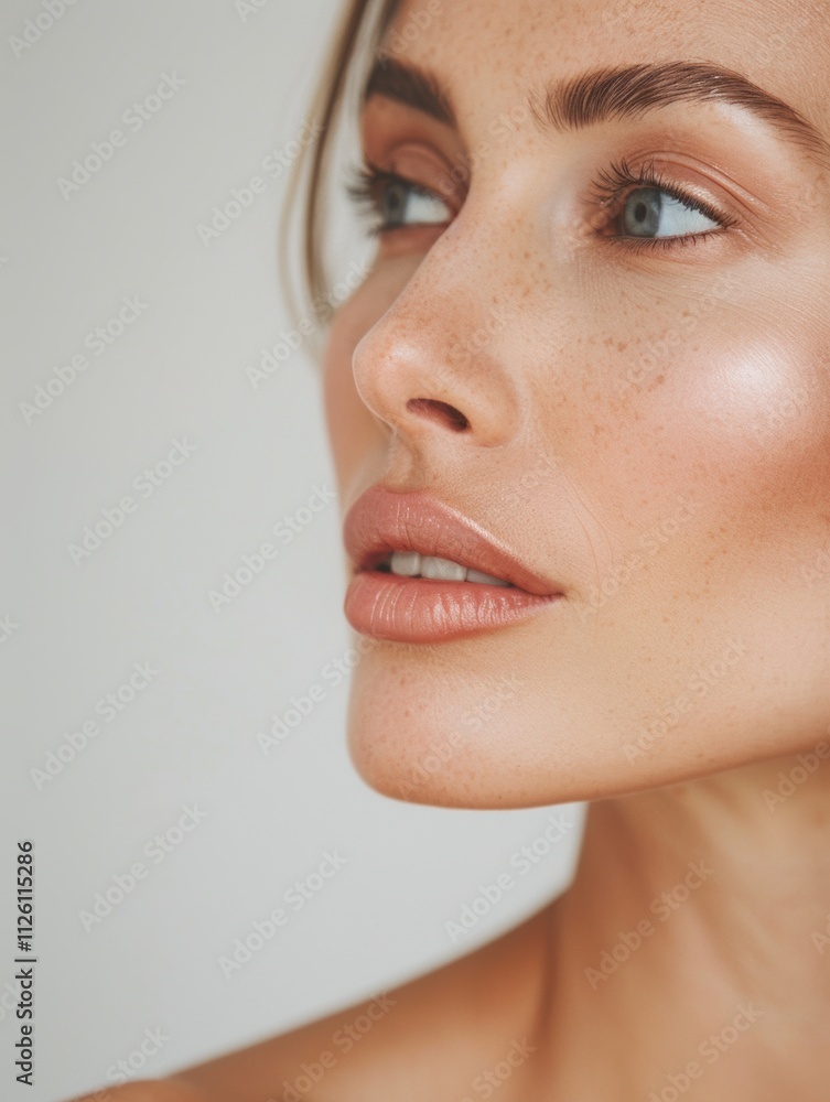 elegant mature older woman beauty closeup studio portrait - skincare beige and white aesthetic, diverse beauty
