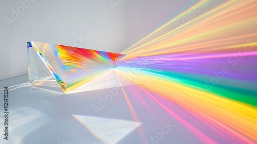 Dynamic burst of refracted rainbow hues from a clear prism against a plain white background