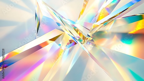 Dynamic burst of refracted rainbow hues from a clear prism against a plain white background