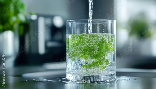 A kitchen sink filter in action, with clear, particle-free water flowing into a glass, emphasizing its convenience for everyday use. photo