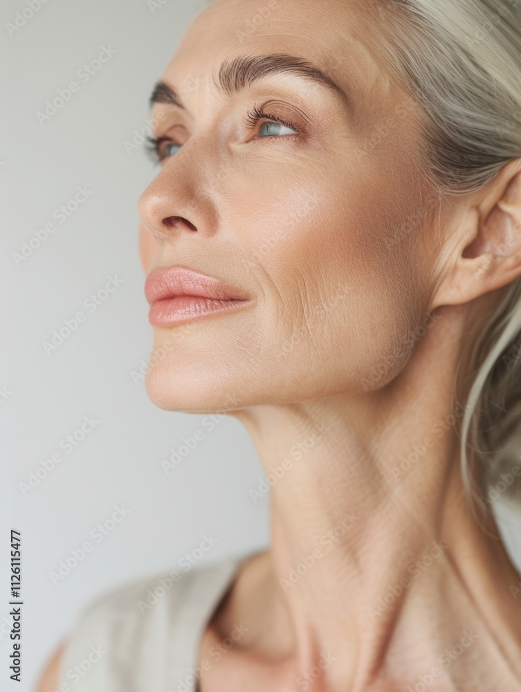 elegant mature older woman beauty closeup studio portrait - skincare beige and white aesthetic, diverse beauty