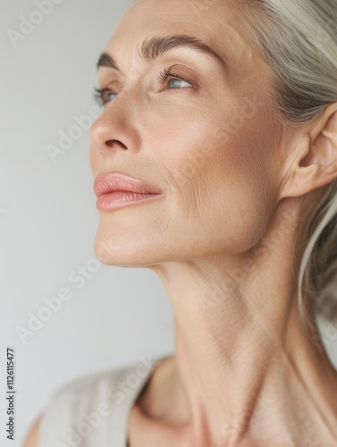 Obraz na płótnie elegant mature older woman beauty closeup studio portrait - skincare beige and white aesthetic, diverse beauty w salonie