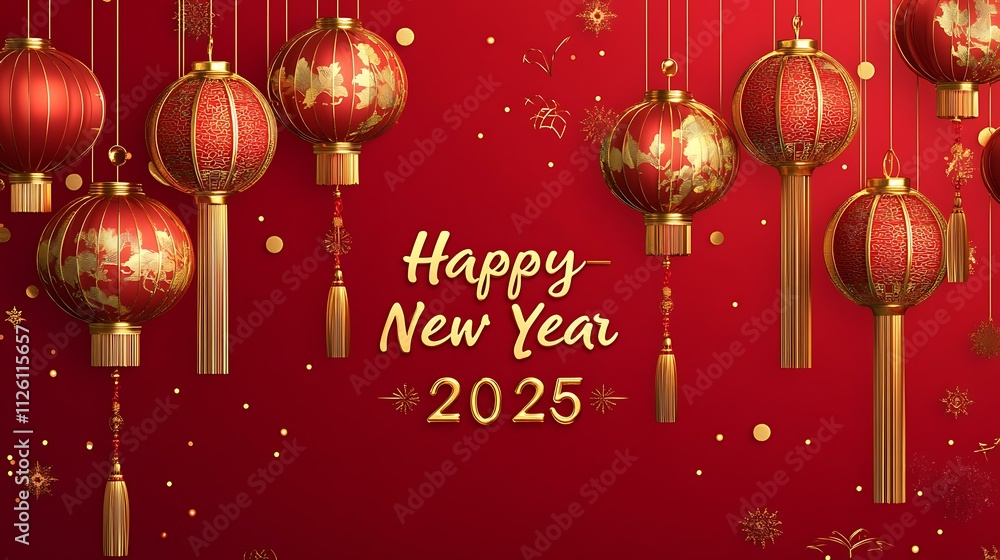 Elegant Happy New Year 2025 text on a red background with gold Chinese tassels and decorations Elegant Happy New Year 2025 text on a red background with gold Chinese tassels and decorations