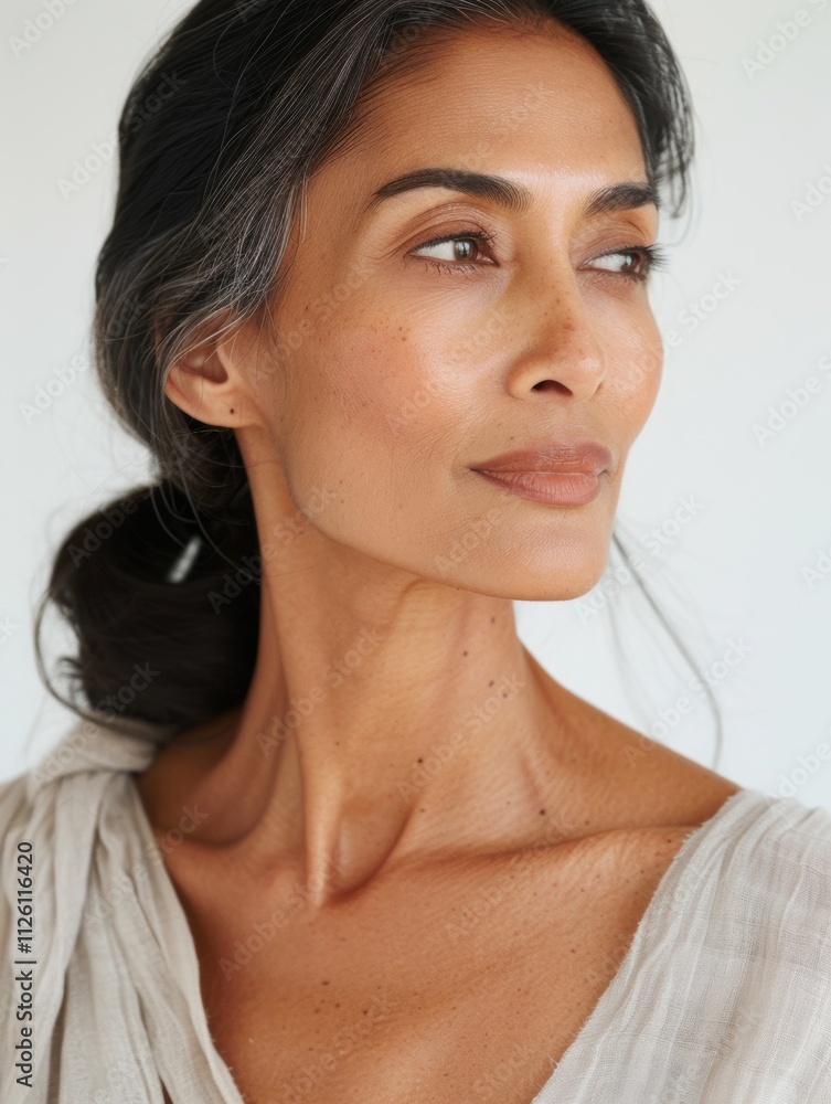 elegant mature older woman beauty closeup studio portrait - skincare beige and white aesthetic, diverse beauty