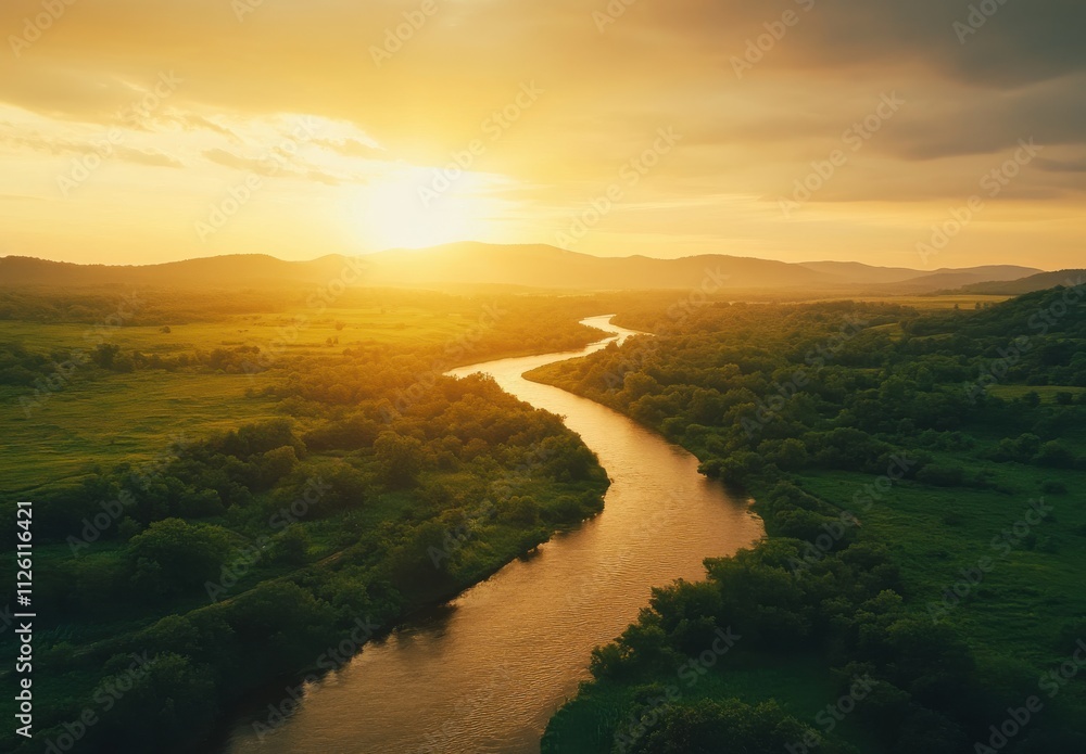 Serene Sunset Over a Winding River Surrounded by Lush Greenery and Rolling Hills, Capturing the Beauty of Nature's Tranquility and Evening Light Serene Sunset Over a Winding River Surrounded by Lush Greenery and Rolling Hills, Capturing the Beauty of Nature's Tranquility and Evening Light
