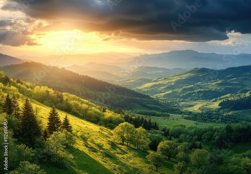 Serene Sunset Over Rolling Green Hills and Lush Forests Under Dramatic Clouds in a Peaceful Mountain Landscape