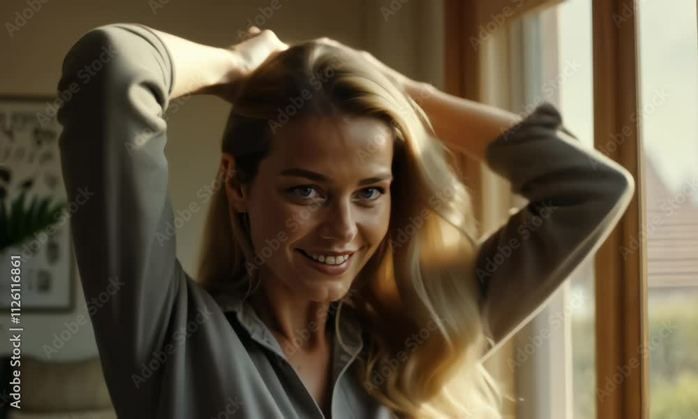 portrait of a personTitle: Blond model brushing hair in cozy home with natural light portrait of a personTitle: Blond model brushing hair in cozy home with natural light