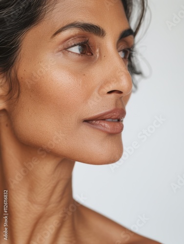 Obraz na płótnie elegant mature older woman beauty closeup studio portrait - skincare beige and white aesthetic, diverse beauty w salonie