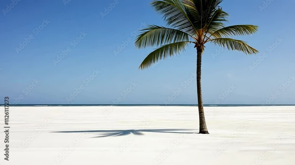 Serene tropical beach with solitary palm tree clear blue sky Serene tropical beach with solitary palm tree clear blue sky
