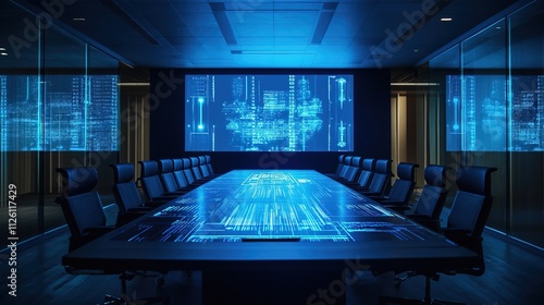 Glowing digital roadmap projected above a meeting table 