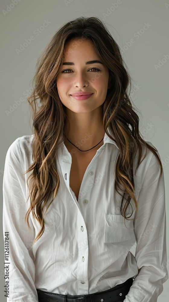 Young woman with long hair smiling warmly in a light-colored blouse against a neutral background Young woman with long hair smiling warmly in a light-colored blouse against a neutral background