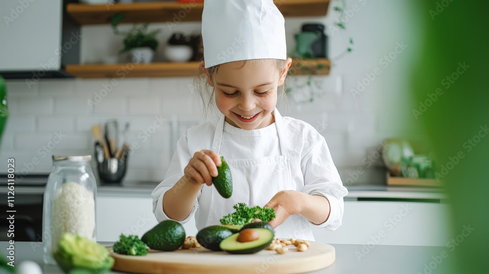 Young girl cooking with avocados, learning about healthy fats and nutrition Young girl cooking with avocados, learning about healthy fats and nutrition