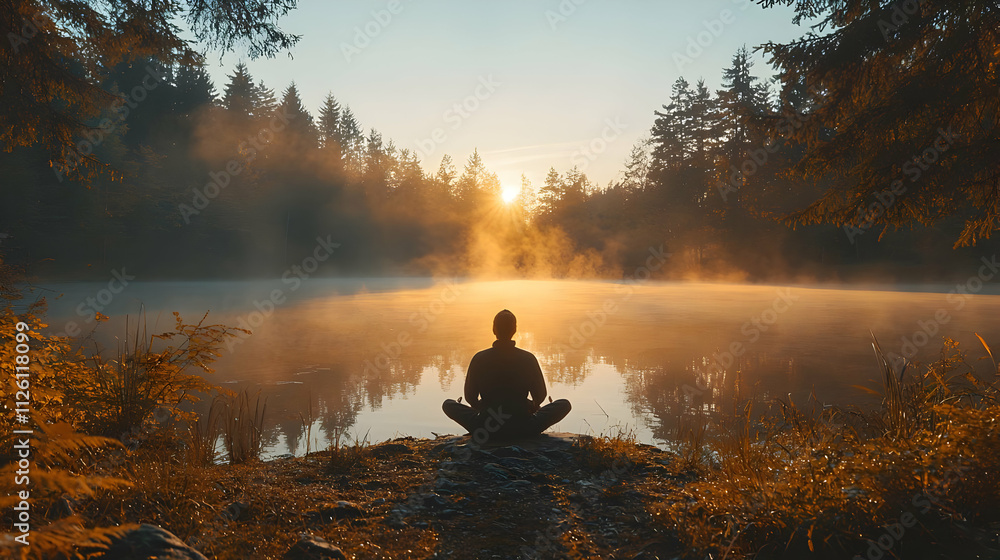 Sunrise Yoga by Still Lake, Serene Nature Sunrise Yoga by Still Lake, Serene Nature