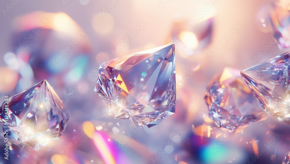 Stunning Visuals of Sparkling Diamonds with Colorful Reflections on a Soft Background, Perfect for Celebrations and Luxury Themes Stunning Visuals of Sparkling Diamonds with Colorful Reflections on a Soft Background, Perfect for Celebrations and Luxury Themes
