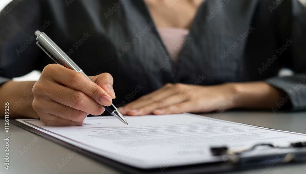 A close-up shot of a person signing a contract with a pen, with soft light highlighting the signature. A close-up shot of a person signing a contract with a pen, with soft light highlighting the signature.