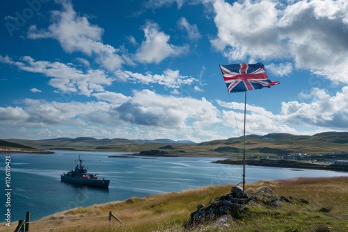 Scenic View of British Flag and Naval Ship on Calm Waters Under a Beautiful Sky in the Highlands of Scotland, Capturing Nature's Splendor and Maritime Heritage photo