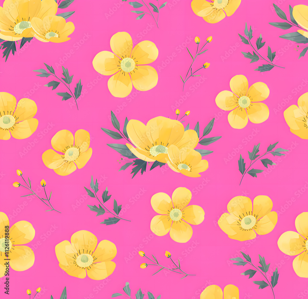 Fototapeta premium Seamless Yellow Floral Pattern with Pink Background