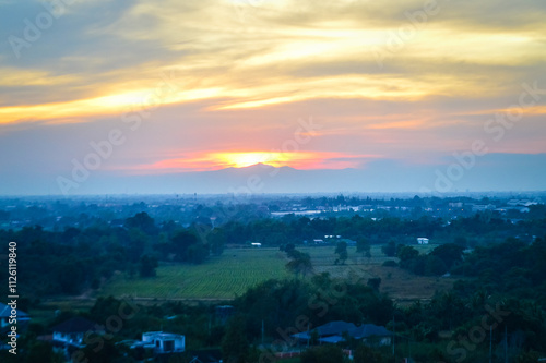 Sunset Over Mountain and Countryside Landscape view in Evening at Lamphun, Northern Thailand