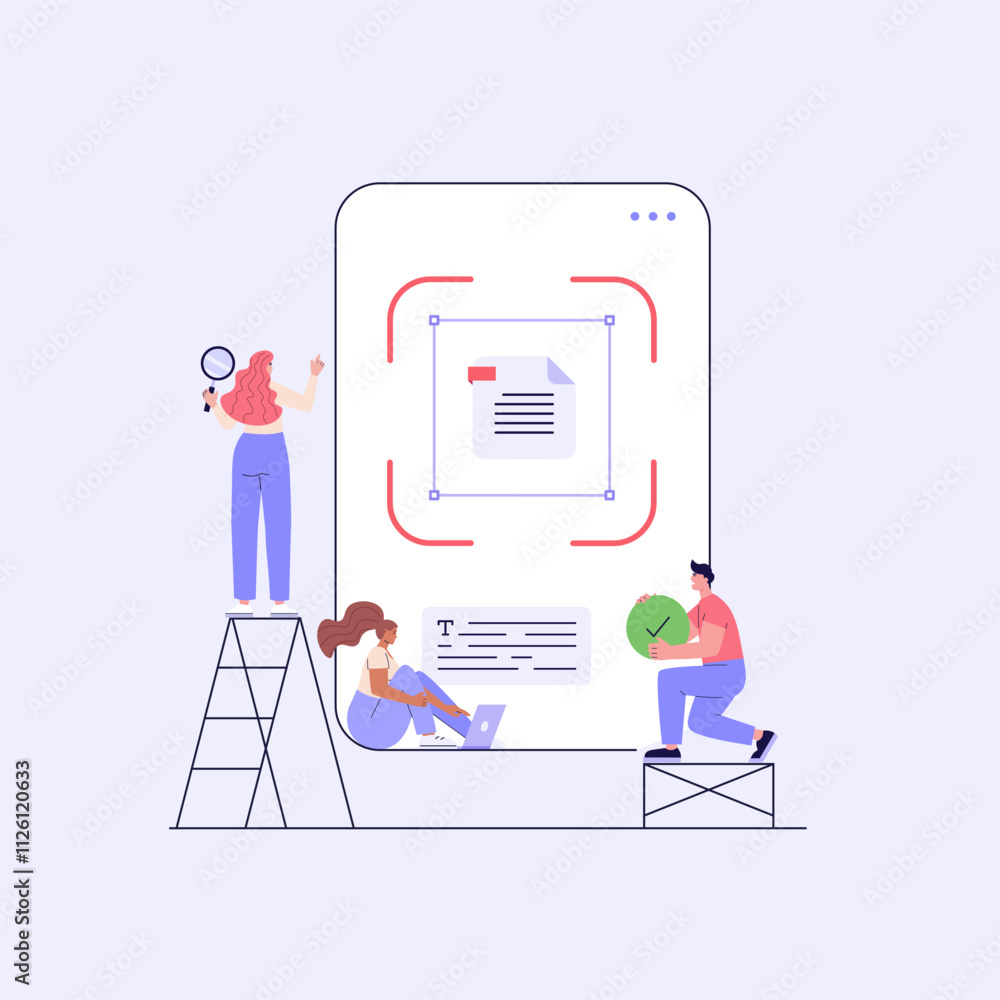 Fototapeta premium People recognize text of document with phone and ai. User scanning text file. Concept of text file recognition, OCR, optical character recognition. Vector illustration in flat design for web banner