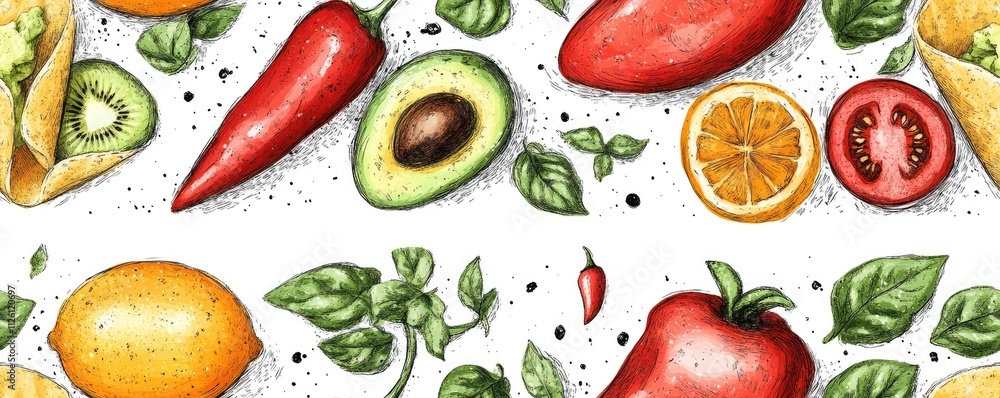 A colorful arrangement of various fruits, vegetables, and herbs, illustrating fresh food diversity. A colorful arrangement of various fruits, vegetables, and herbs, illustrating fresh food diversity.