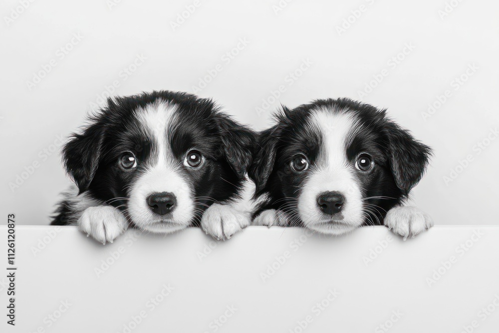Two adorable black and white puppies peeking over a white surface, showcasing their expressive eyes. Two adorable black and white puppies peeking over a white surface, showcasing their expressive eyes.