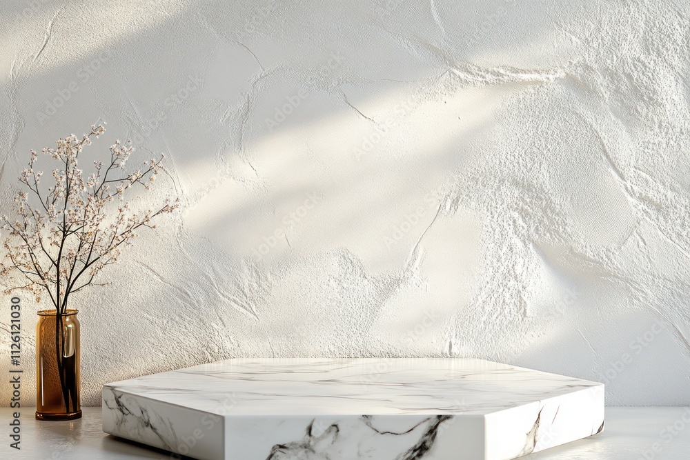 A minimalist display featuring a marble surface and a vase with branches against a textured wall. A minimalist display featuring a marble surface and a vase with branches against a textured wall.
