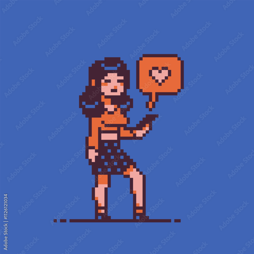 Girl with phone and like, teenager and student pixel art character. Young woman holding smartphone. Isolated vector illustration. Girl with phone and like, teenager and student pixel art character. Young woman holding smartphone. Isolated vector illustration.