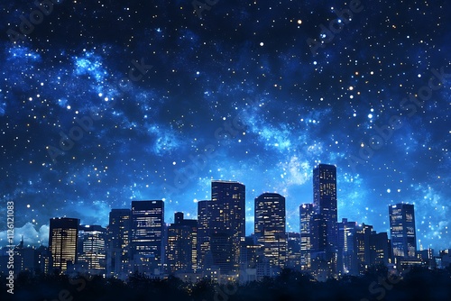 A nighttime city skyline illuminated under a starry sky, creating a serene atmosphere.