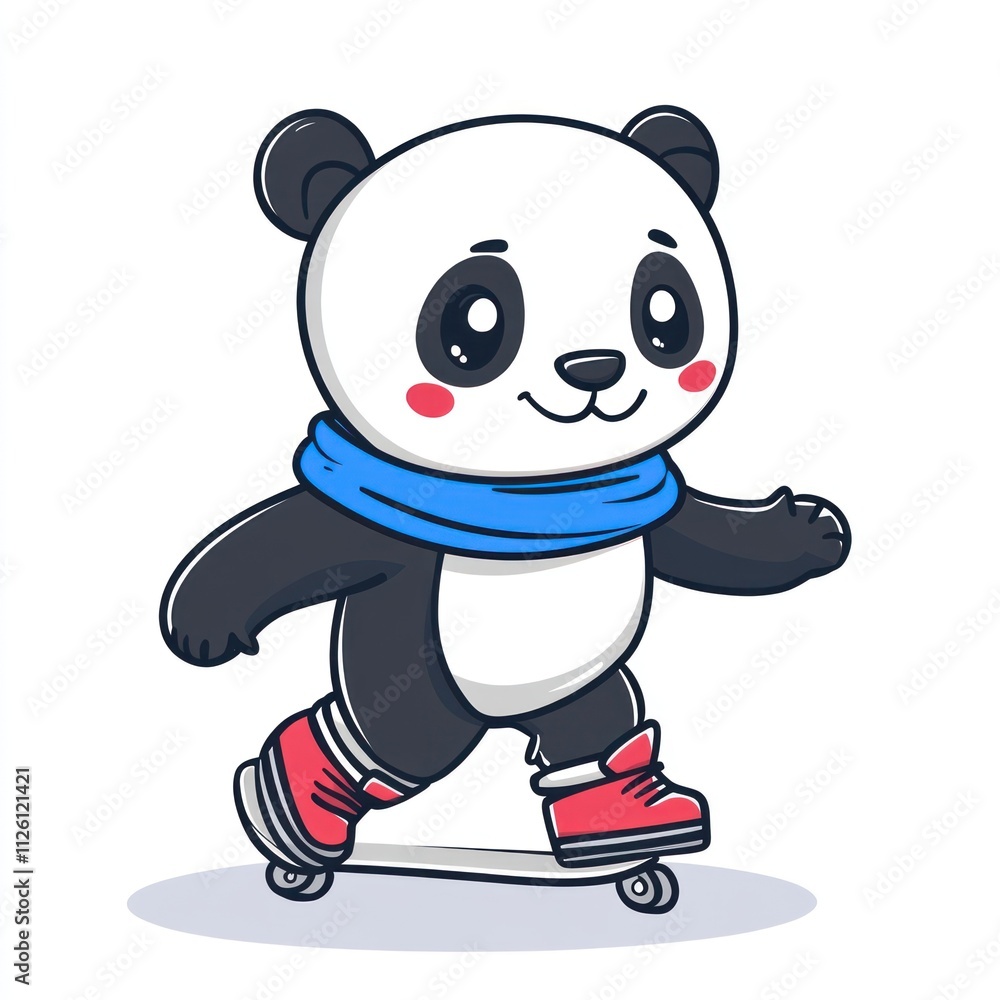 A cute panda character skateboarding with a blue scarf and red shoes, promoting fun and leisure. A cute panda character skateboarding with a blue scarf and red shoes, promoting fun and leisure.
