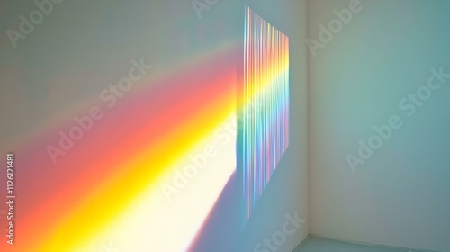 Intense light dispersion from a clear prism forming a vivid rainbow on a white wall