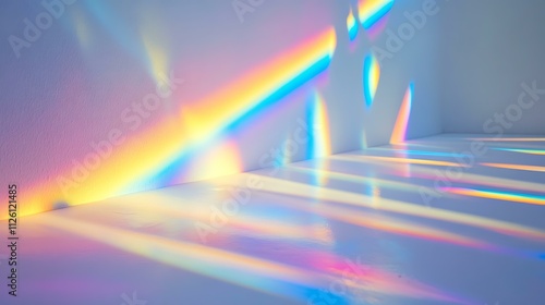 Interplay of refracted light and rainbow patterns on a smooth white surface, created by a prism