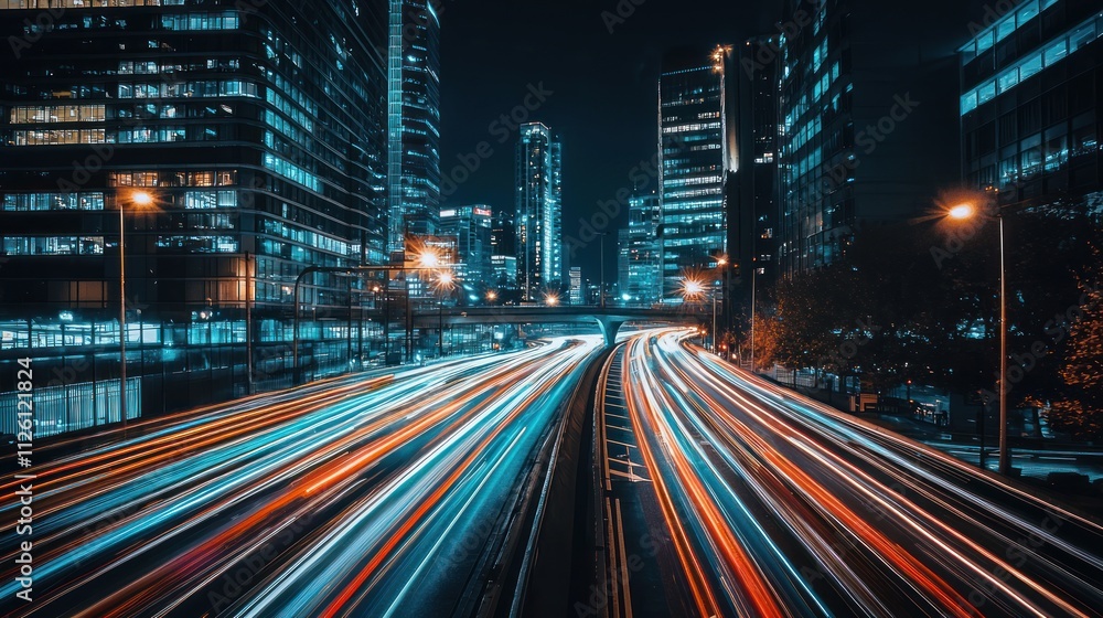 Naklejka premium Night City Highway Lights Trails, Urban Metropolis at Night