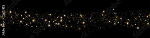 Gold glittering dots, particles, stars magic sparks. Glow flare light effect. Gold luminous points. Vector particles on black background.