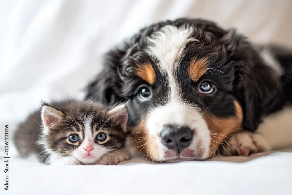 A puppy and a kitten resting together, showcasing their adorable friendship. A puppy and a kitten resting together, showcasing their adorable friendship.