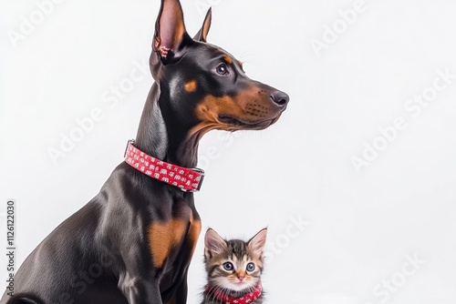 A dog and a kitten sit side by side, both wearing matching collars, showcasing companionship.