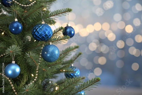 Christmas Tree With Ornaments In Blue And Bokeh Lights - Real Fir Branches With Glittering In Abstract Defocused Background - This Image Contain 3d Rendering Elements