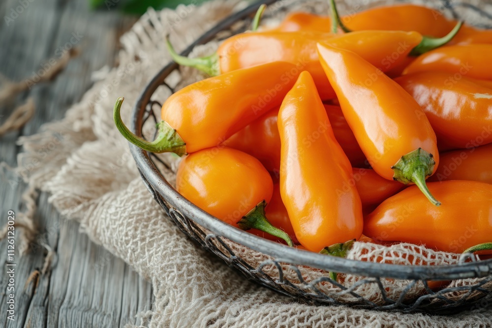 A basket filled with vibrant orange peppers on a textured surface. A basket filled with vibrant orange peppers on a textured surface.