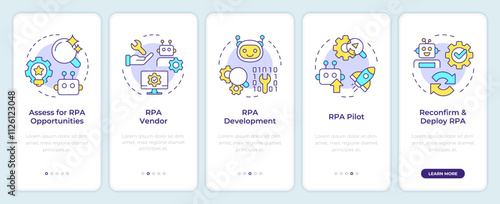RPA implementation onboarding mobile app screen. Innovations walkthrough 5 steps editable graphic instructions with linear concepts. UI, UX, GUI template. Montserrat SemiBold, Regular fonts used