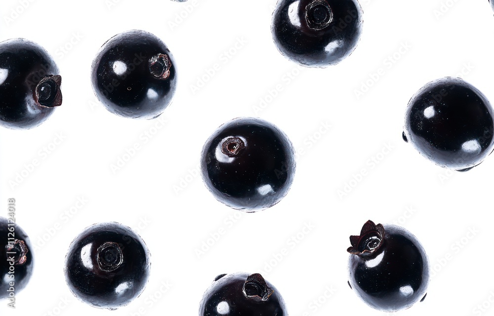 A close-up view of blackcurrants arranged on a white background. A close-up view of blackcurrants arranged on a white background.