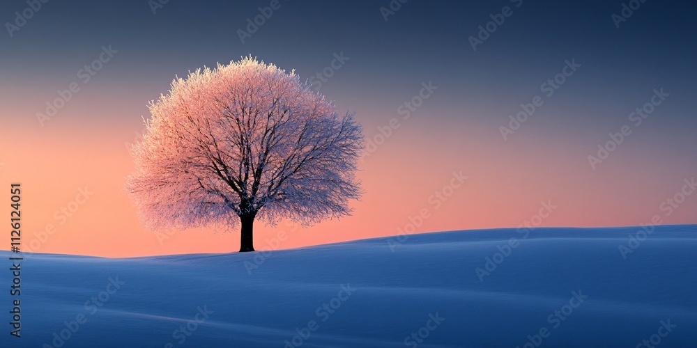A serene winter landscape featuring a solitary frost-covered tree amidst a vast snowy expanse at dawn, perfect for seasonal greetings, winter events, or contemplative themes. A serene winter landscape featuring a solitary frost-covered tree amidst a vast snowy expanse at dawn, perfect for seasonal greetings, winter events, or contemplative themes.