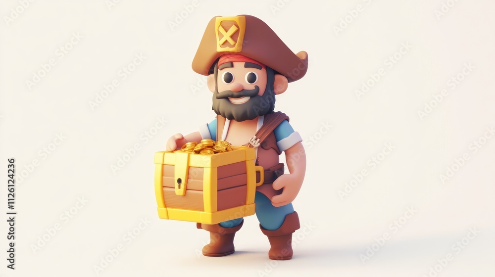 A cheerful pirate character holding a treasure chest filled with gold coins. A cheerful pirate character holding a treasure chest filled with gold coins.