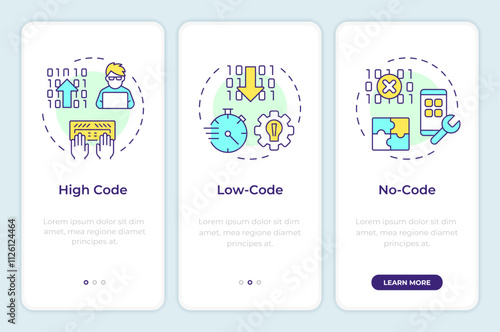 App development approaches onboarding mobile app screen. RPA walkthrough 3 steps editable graphic instructions with linear concepts. UI, UX, GUI template. Montserrat SemiBold, Regular fonts used