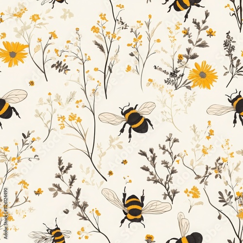 Wallpaper Mural Bees and Wildflowers Seamless Pattern Design Torontodigital.ca